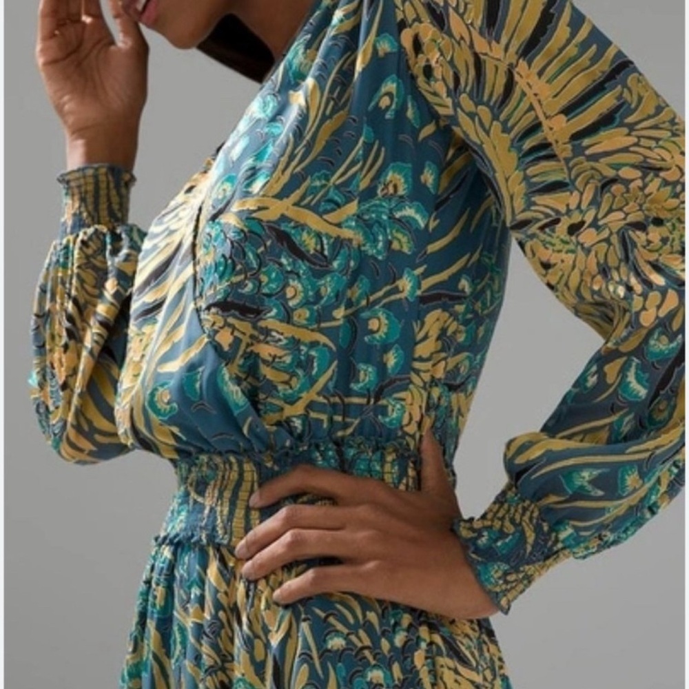 White House Black Market burnout smocked dress Teal and Gold Long Sleeve Dress - Picture 3 of 15
